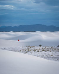 Scenic view of sand covered landscape against blue sky in white sands national park