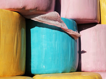 Close-up of blue paint on table