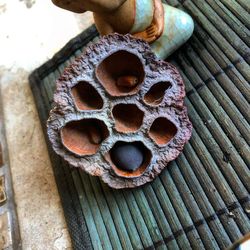 High angle view of bees on wood