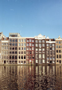 Reflection of building in water against clear sky