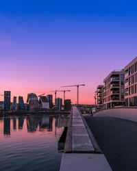 Modern cityscape against clear sky during sunset