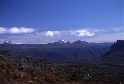 Scenic view of mountains against cloudy sky