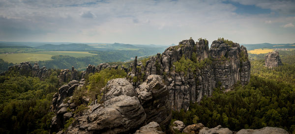 Scenic view of rocky mountains against cloudy sky