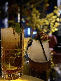 Close-up of beer glass on table