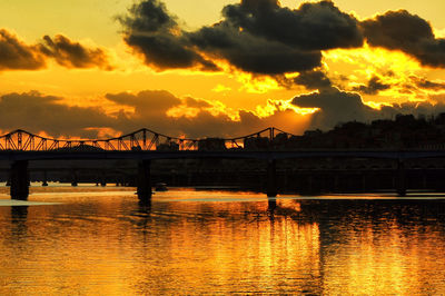 Silhouette of bridge over river during sunset