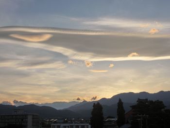 Scenic view of mountains against sky during sunset