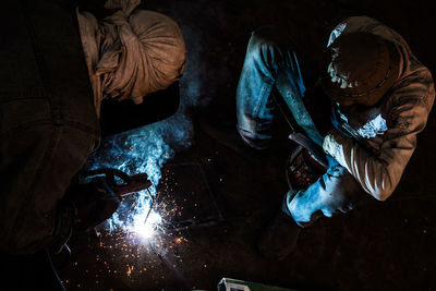 High angle view of men working