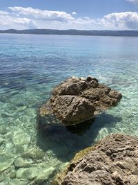 Scenic view of rocks in sea against sky