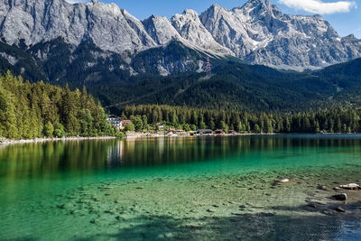 Scenic view of lake by mountains