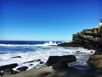 Scenic view of sea against clear blue sky