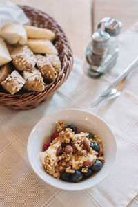 High angle view of breakfast served on table