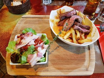 High angle view of food served on table