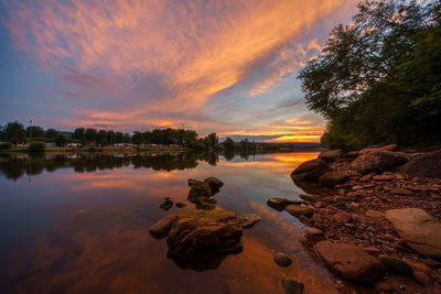 Scenic view of lake against sky during sunset