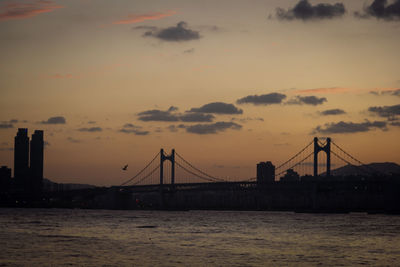 View of suspension bridge over the sea at sunset