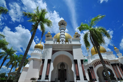 Low angle view of palm trees against blue sky