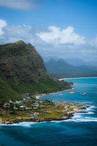 Scenic view of sea and mountains against sky