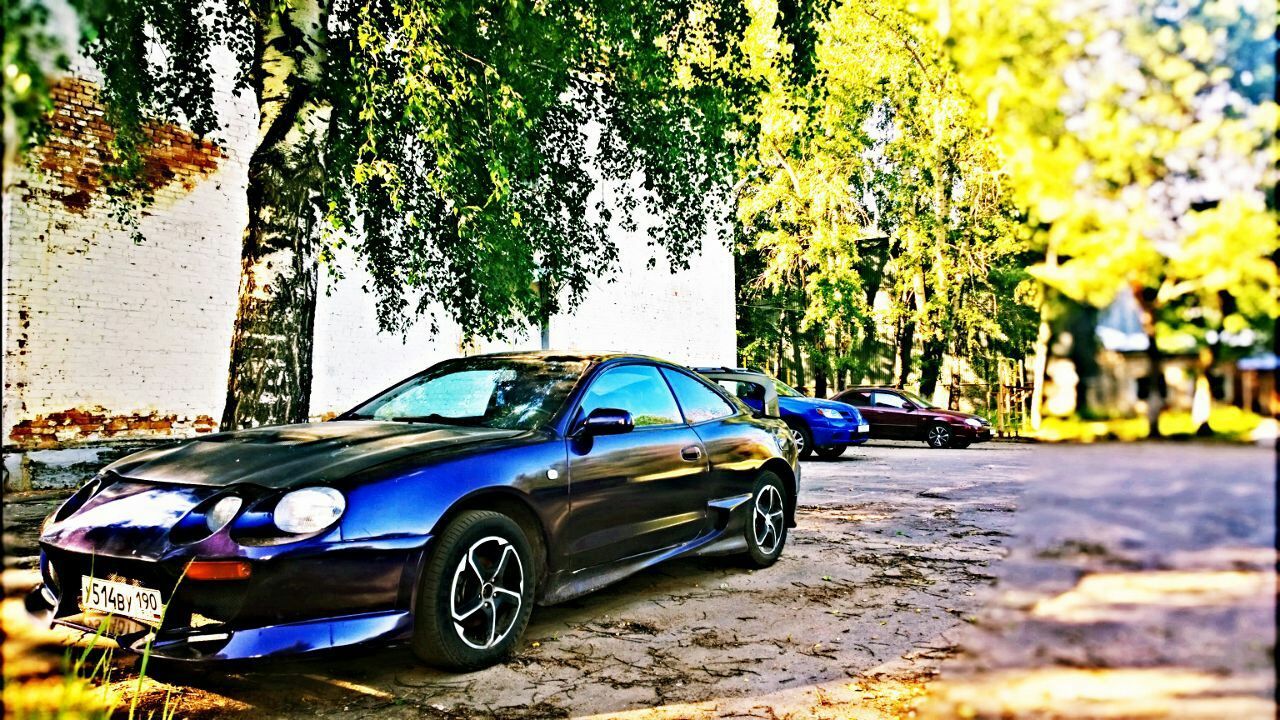 transportation, mode of transport, land vehicle, car, tree, blue, stationary, street, day, multi colored, sunlight, focus on foreground, outdoors, parking, yellow, selective focus, no people, road, travel, toy