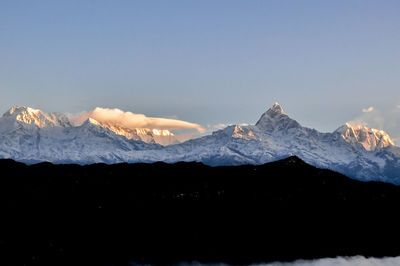 Scenic view of snowcapped mountains against clear sky