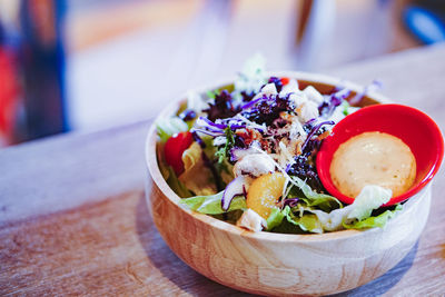 Close-up of fruit salad in bowl on table