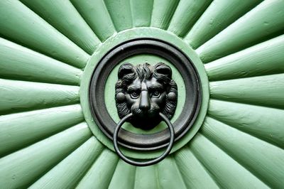 Full frame shot of antique knocker on green door