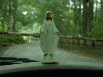 Close-up of virgin mary statue in car