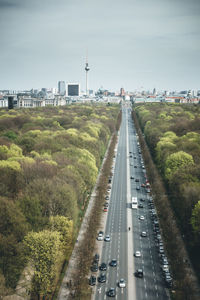 High angle view of highway in city against sky