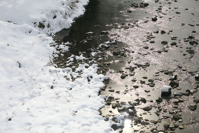 High angle view of snow on land