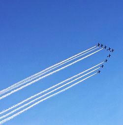 Low angle view of cables against clear blue sky