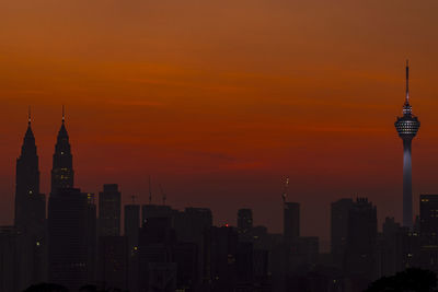 Silhouette of city at sunset