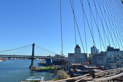 View of suspension bridge against blue sky