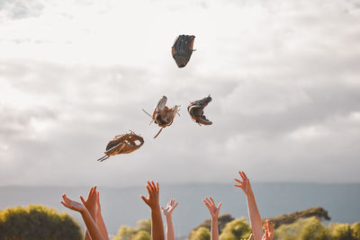 Low angle view of bird flying against sky