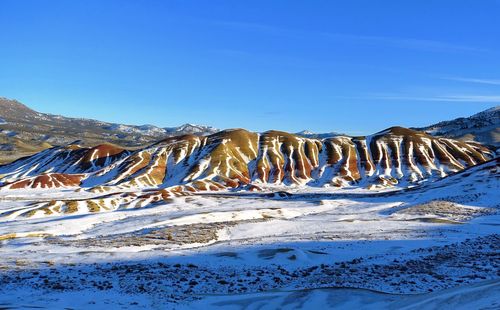 Scenic view of snowcapped mountains against clear blue sky