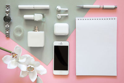 High angle view of objects on table