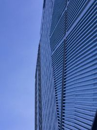 Low angle view of modern building against clear blue sky