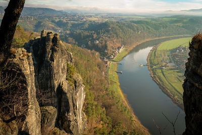 Aerial view of river amidst landscape against sky