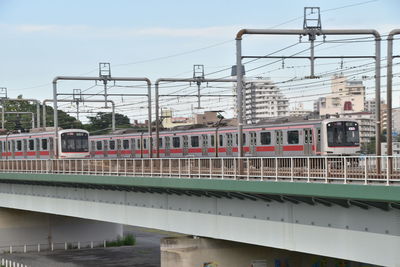 Train on bridge against sky