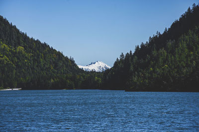 Scenic view of lake against clear blue sky