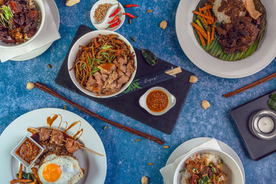 High angle view of breakfast served on table