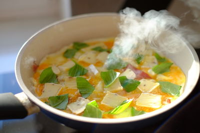 Close-up of soup in bowl on table