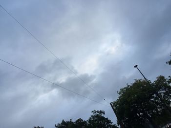 Low angle view of trees against cloudy sky