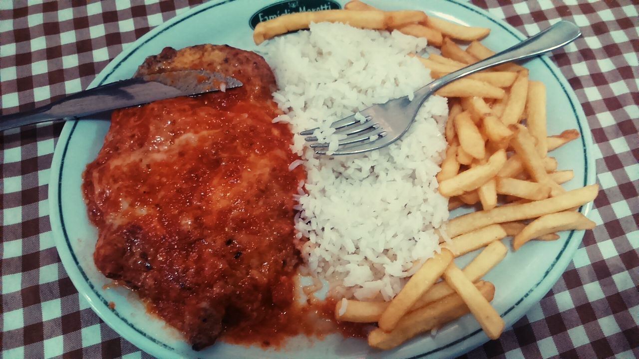 food and drink, food, freshness, ready-to-eat, indoors, plate, still life, meat, serving size, unhealthy eating, meal, indulgence, close-up, high angle view, table, french fries, bread, sauce, fried