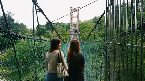 Rear view of female friends standing on rope bridge