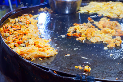 Close-up of meat in cooking pan