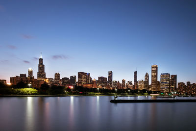 Illuminated cityscape at dusk