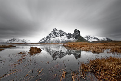 Scenic view of snowcapped mountains and lake against sky