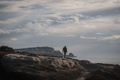 Rear view of man standing on rock by sea against sky