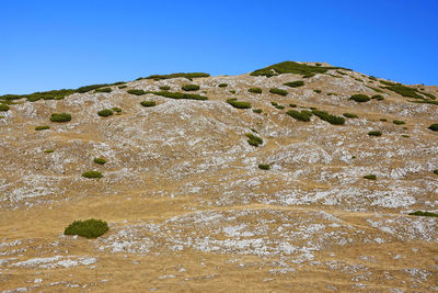 Low angle view of rocks against clear blue sky