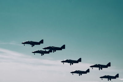 Low angle view of fighter planes flying in sky