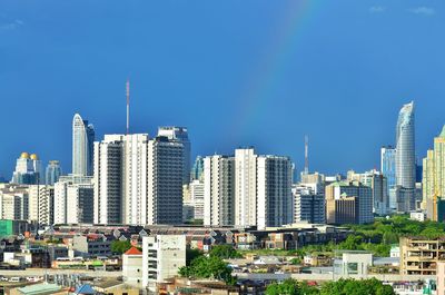 Cityscape against clear blue sky
