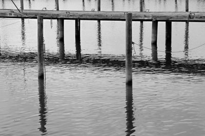 View of wooden posts in water